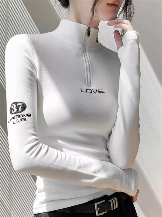 Half-Turtleneck Zip Long Sleeve Slim Fit Top for Women