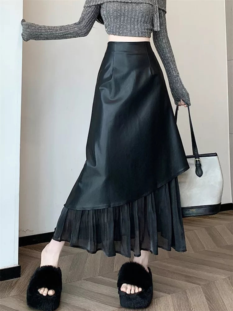 Elegant Brown PU Patchwork A-Line Mermaid Skirt for Women