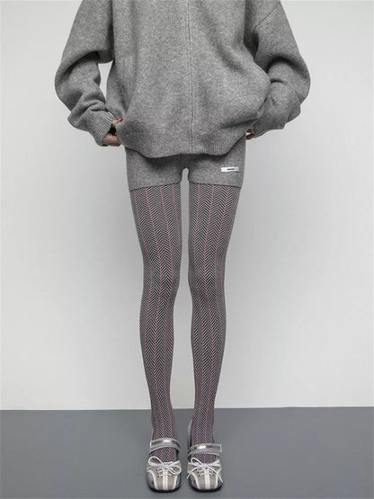 Strumpfhose aus Baumwollstrick mit Fischgrätmuster für Damen, Herbst/Winter