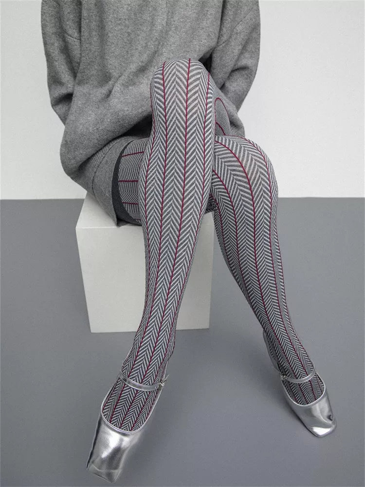 Strumpfhose aus Baumwollstrick mit Fischgrätmuster für Damen, Herbst/Winter