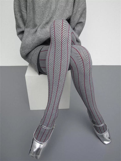 Strumpfhose aus Baumwollstrick mit Fischgrätmuster für Damen, Herbst/Winter