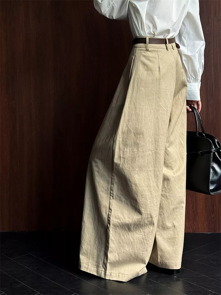 Pantalones casuales anchos de tencel plisados ​​para mujer