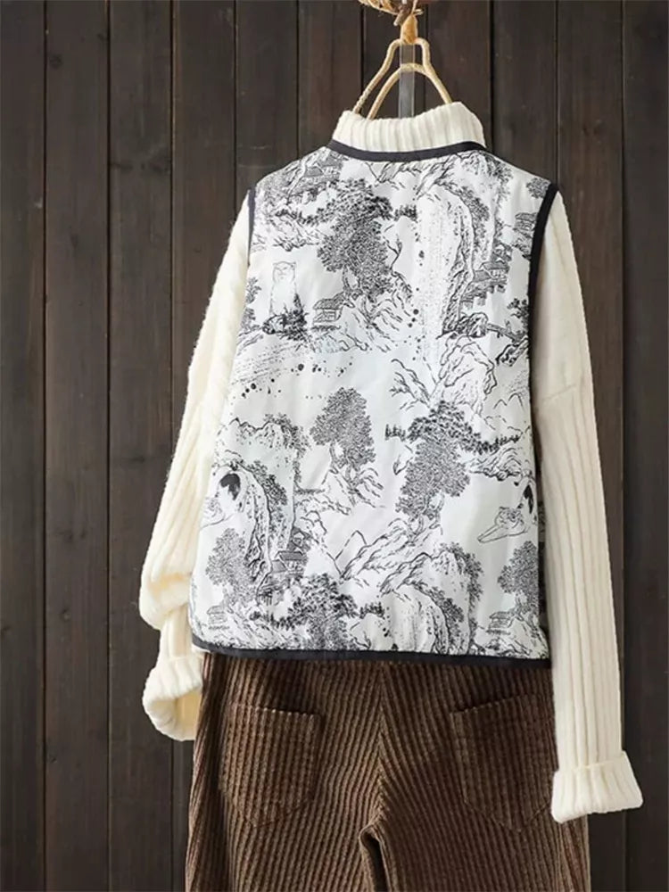 Chaleco acolchado reversible con estampado de tinta estilo chino y frente cruzado para mujer