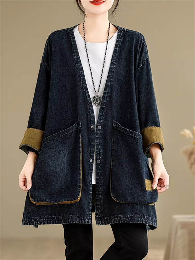 Vintage Jeansmantel mit V-Ausschnitt und großen Taschen für Damen
