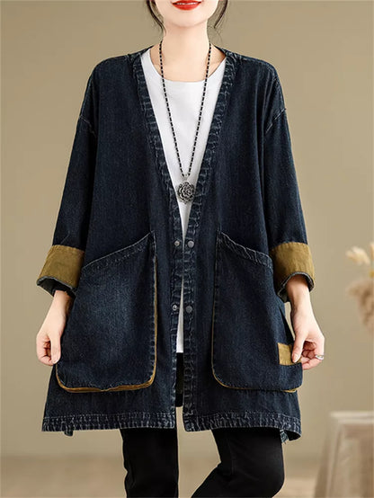 Vintage Jeansmantel mit V-Ausschnitt und großen Taschen für Damen