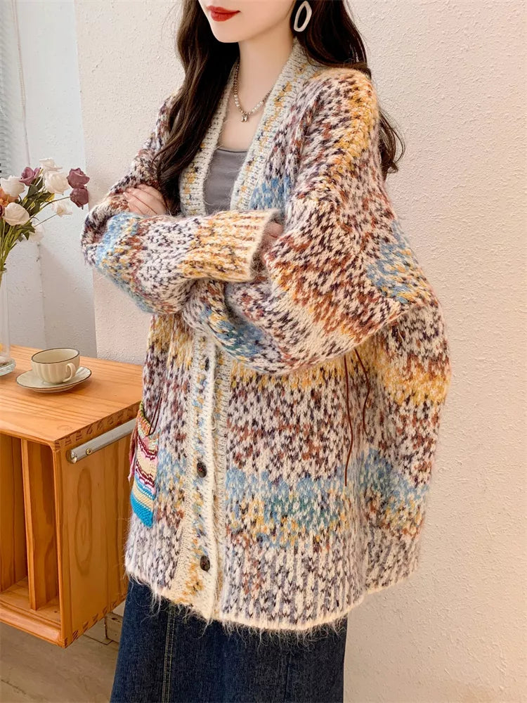 Women's Vintage Abstract Print Oversized Mohair Cardigan