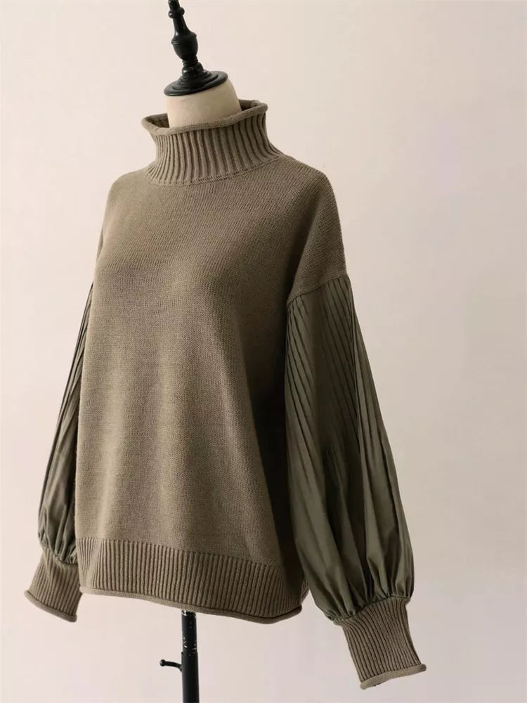 Damenpullover mit hohem Kragen, Falten und Laternenärmeln – Strickpullover aus Materialmix