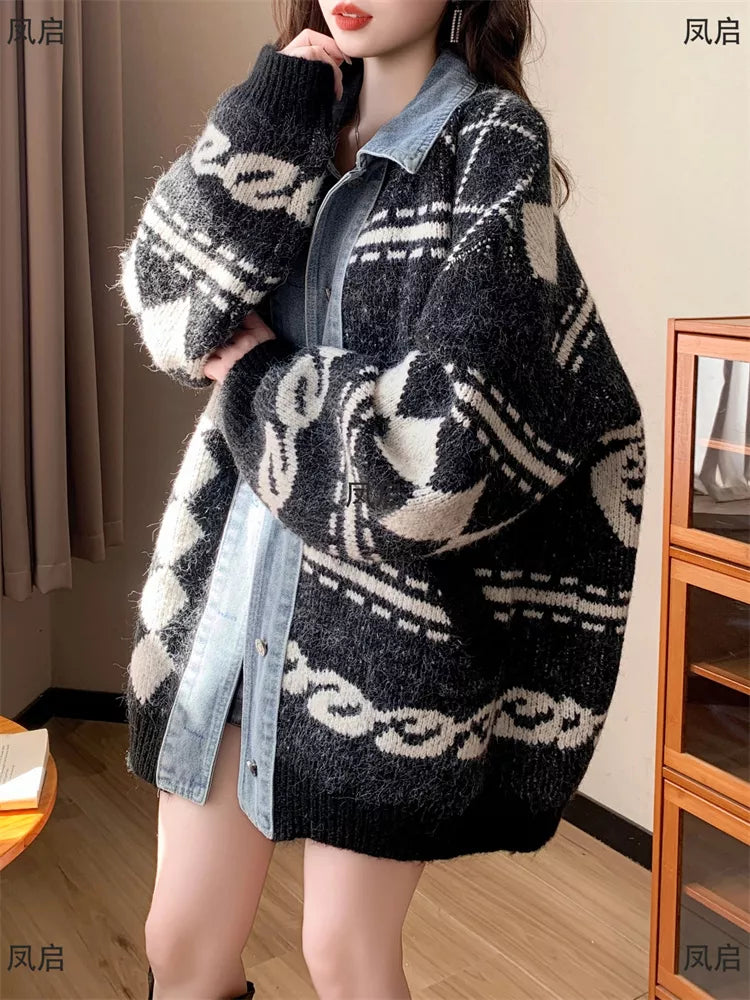 Women's Loose Plus Size Denim Patchwork Cardigan - Oversized Geometric Knit Jacket
