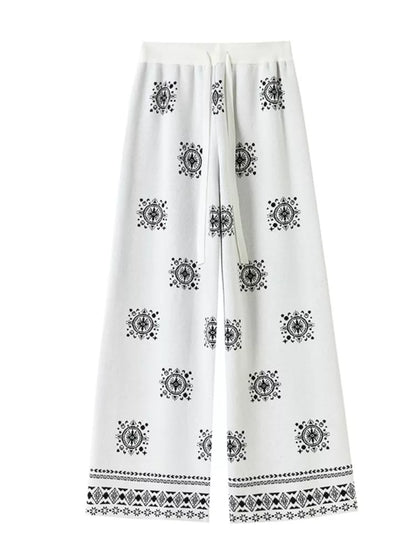 Pantalones de punto con cordón y cintura alta para mujer - Pantalones casuales bohemios de pierna ancha