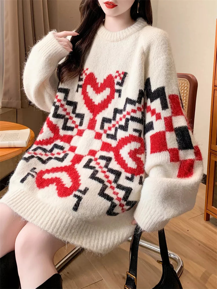 Dicker, mittellanger Jacquard-Pullover für Damen – Oversized-Strickpullover mit Herzmuster