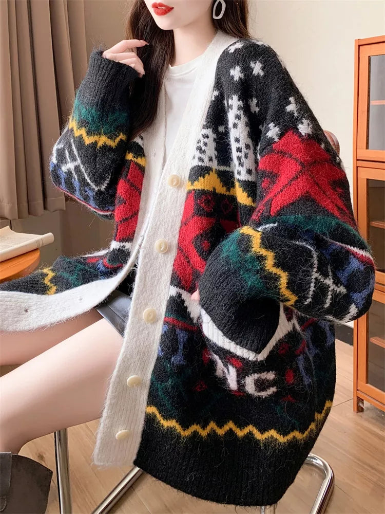 Cárdigan de punto geométrico de longitud media para mujer, talla grande - Abrigo tipo suéter extragrande estilo mohair