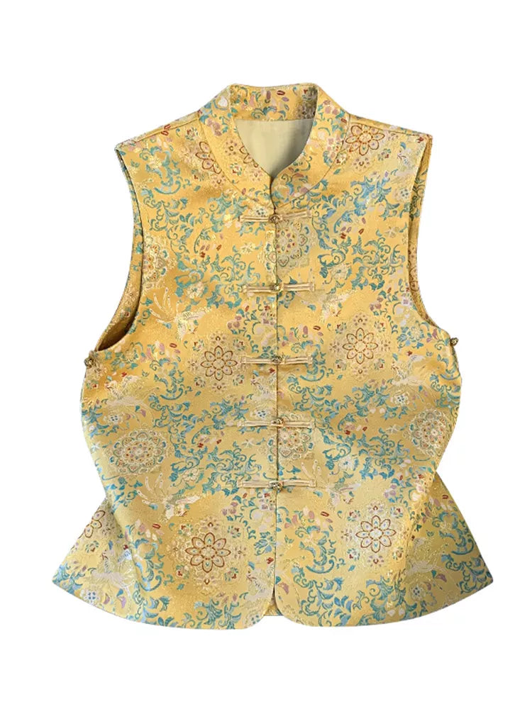 Orientalische Jacquard-Weste für Damen - Blaue Weste mit Blumenbrokat und Stehkragen