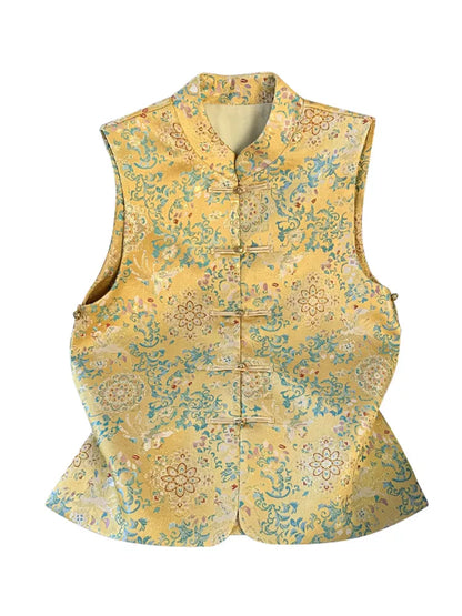 Orientalische Jacquard-Weste für Damen - Blaue Weste mit Blumenbrokat und Stehkragen