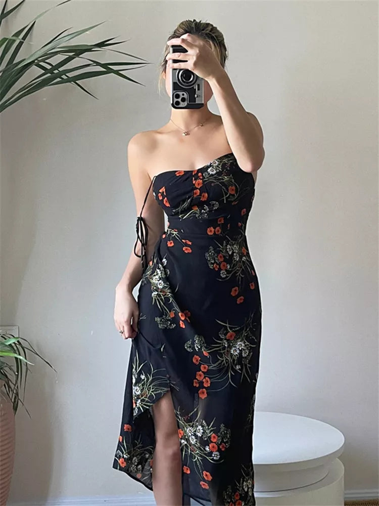 French Retro Floral Spaghetti-Strap Midi Dress for Women