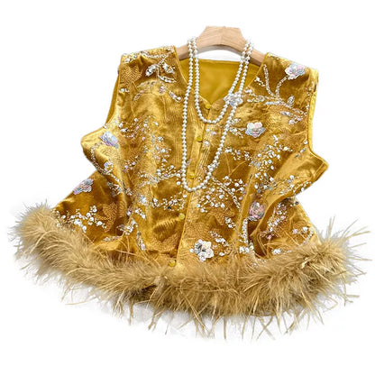 New Chinese Style Gold Velvet Sequin Embroidered Vest with Faux Feather Trim