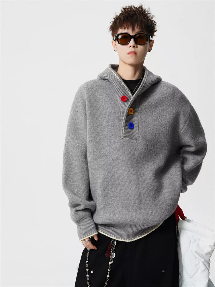 Men's American Retro Heavyweight Hooded Knit Sweater with Colorful Buttons