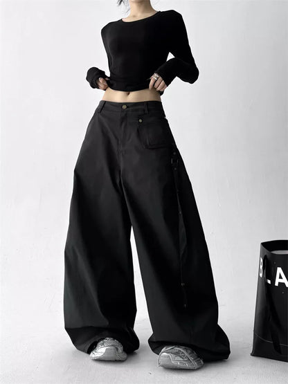 Black Classic High-Waist Wide-Leg Cargo Pants for Women