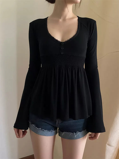 Black Lace Trim V-Neck Smocked Bell Sleeve Top
