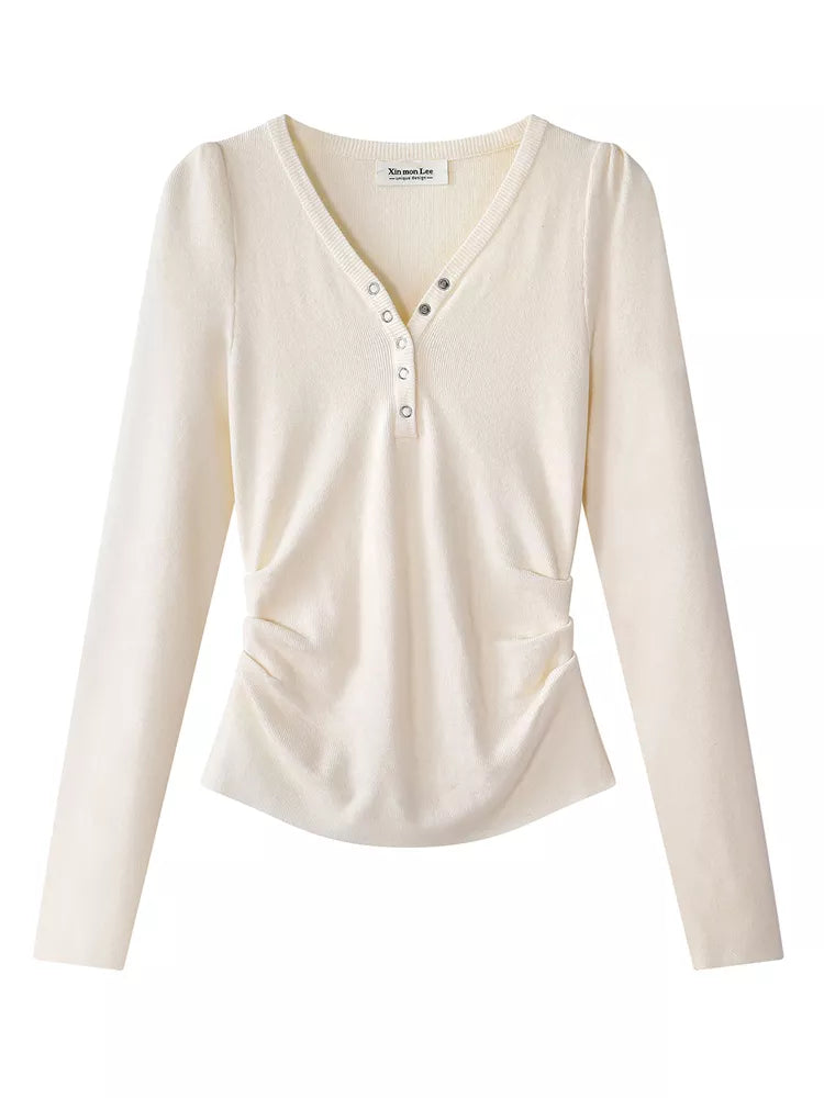 Dark Gray Sweet-Chic V-Neck Slim Knit Top for Women