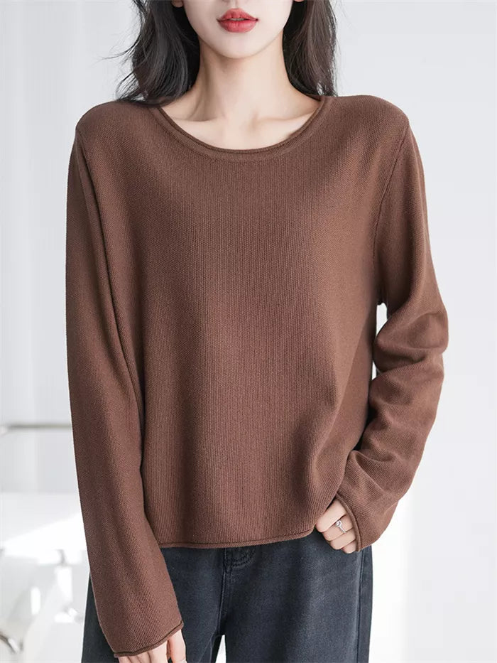 Women's Gray Cotton Crew Neck Long Sleeve Casual Top