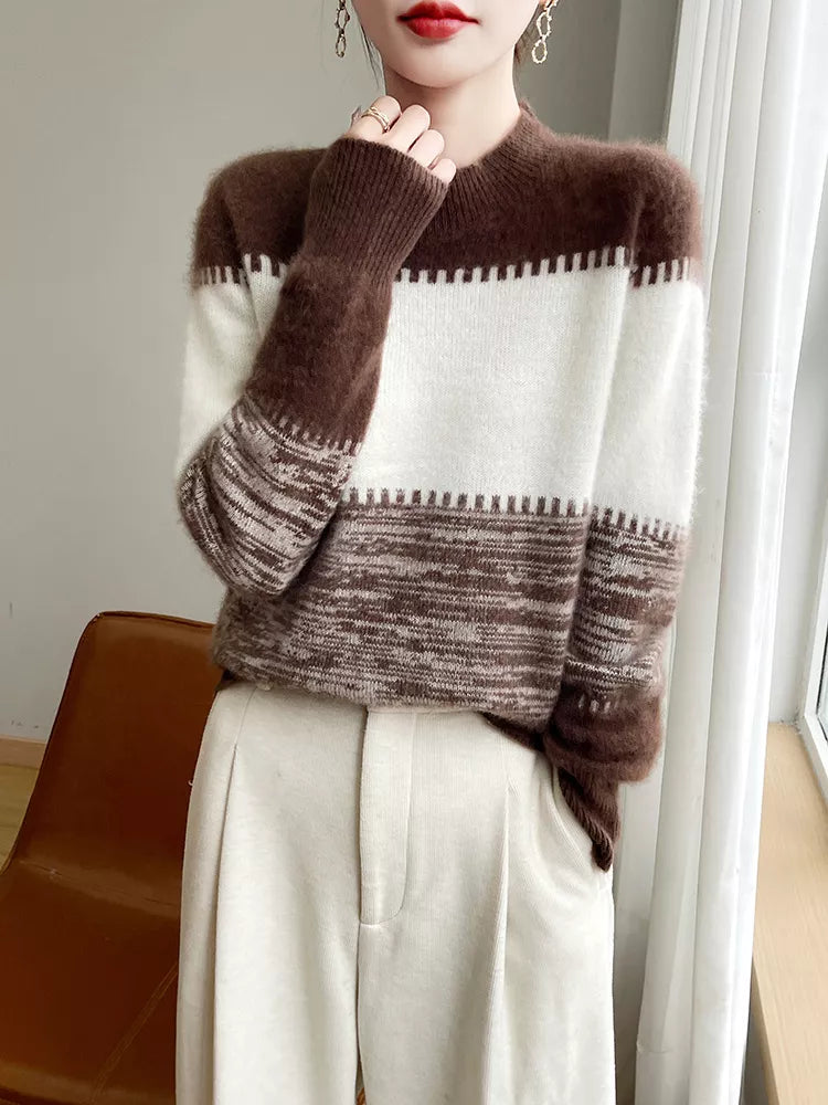 Women's Brown Color Block Striped Soft Knitted Sweater Crew Neck Pullover