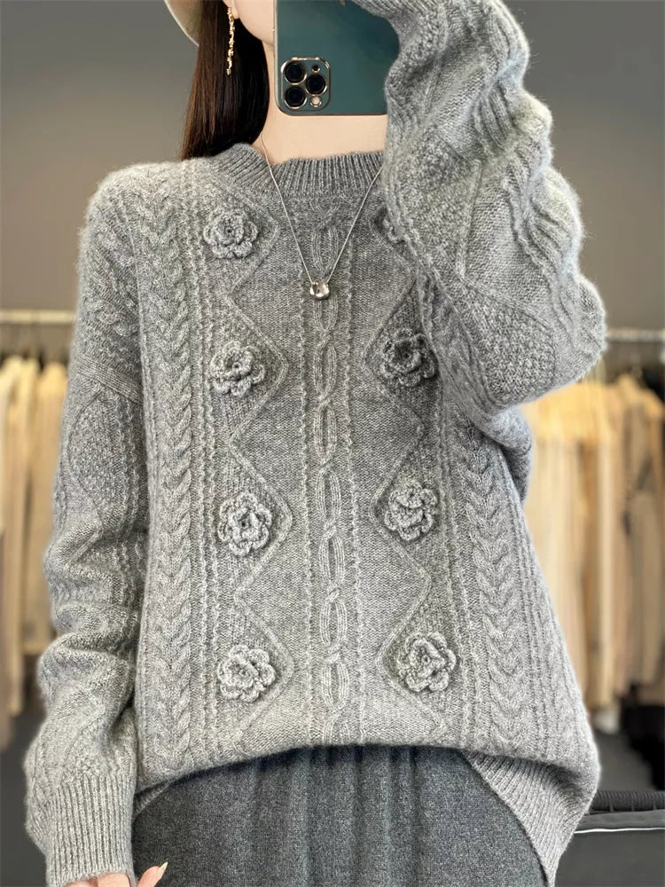 Handcrafted Beige Embroidered Pure Wool Sweater for Women