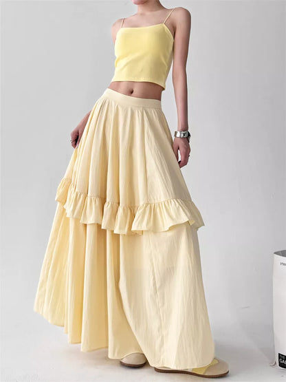 Women's Butter Yellow High-Waisted Tiered Ruffle Maxi Skirt Boho A-Line Long Cake Skirt
