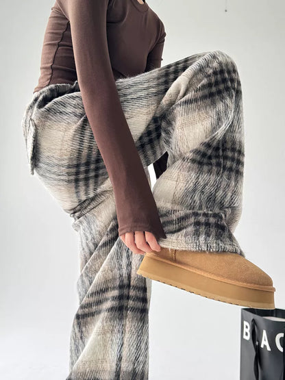Women's Coffee High-Waisted Plaid Drawstring Woolen Wide Leg Pants