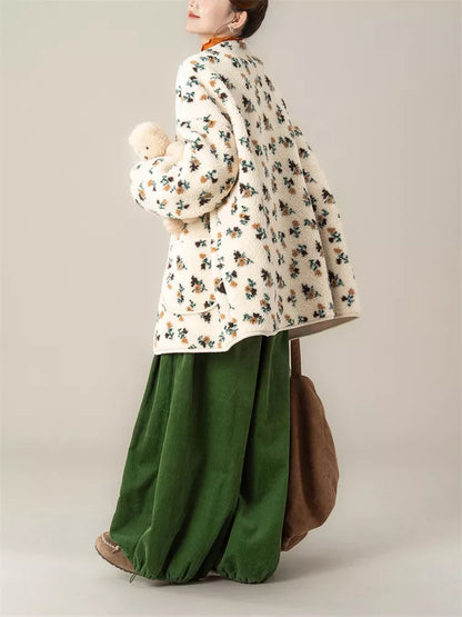 Women's Vintage Apricot Floral Faux Sherpa Button Down Cardigan Coat