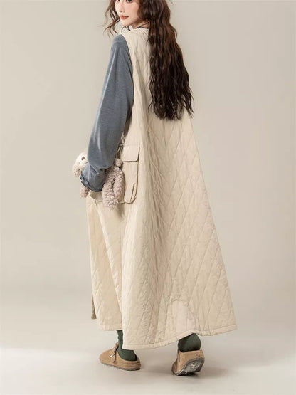 Women's Vintage Beige Diamond Quilted Vest Dress V-Neck Sleeveless Padded Pinafore