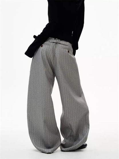 Women's American Retro Grey Pinstripe Curved Leg Loose Suit Pants
