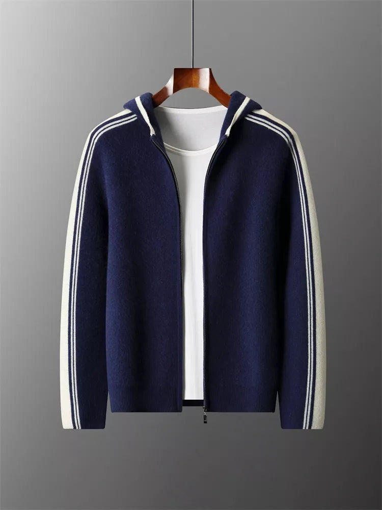 Men's Premium Pure Wool Knitted Tracksuit Set 2-Piece Striped Zip-Up Hoodie & Joggers