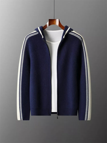 Men's Premium Pure Wool Knitted Tracksuit Set 2-Piece Striped Zip-Up Hoodie & Joggers