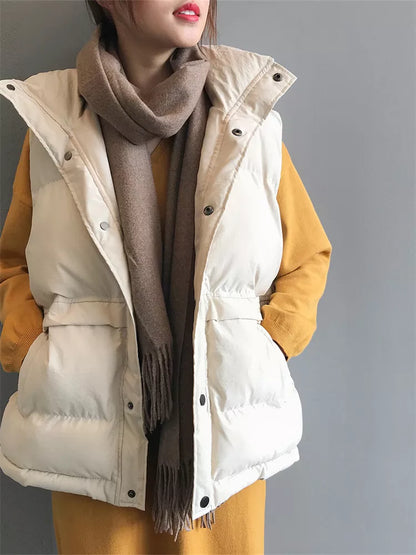 Women's Cream Beige Puffer Vest with Drawstring Waist Stand Collar