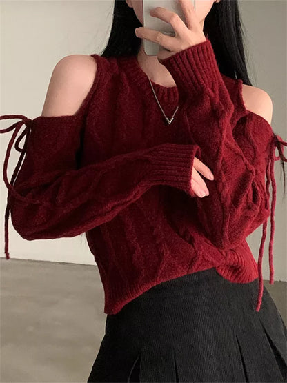 Women's Vintage Burgundy Cold Shoulder Cable Knit Sweater Ribbon Lace-Up Sleeve