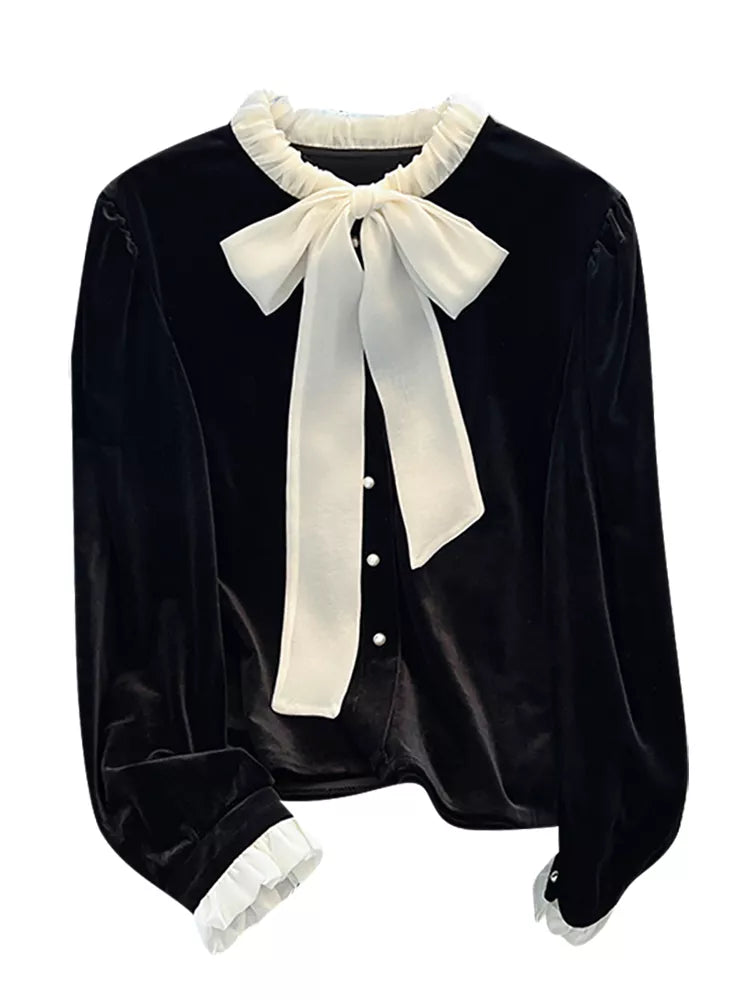 Women's French Vintage Black Velvet Blouse with Large White Bow Tie Elegant Ruffled Collar