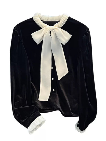 Women's French Vintage Black Velvet Blouse with Large White Bow Tie Elegant Ruffled Collar