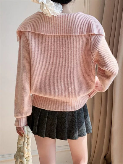 Women's Sweet Pink Sailor Collar Knitted Sweater