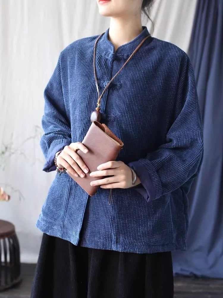 Women's Vintage Pink Corduroy Frog Button Loose Zen Blouse