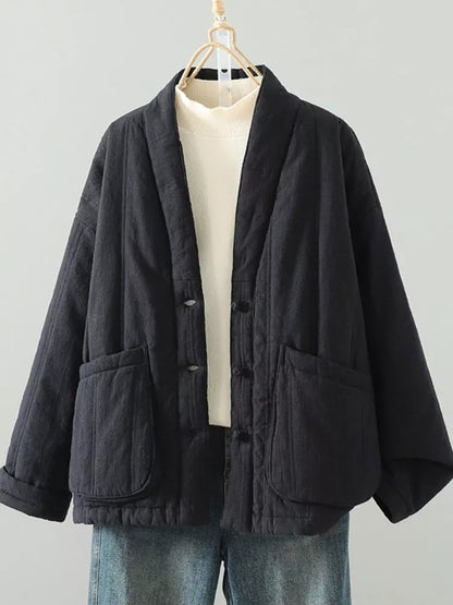Women's Zen Style Cotton Linen Padded V-Neck Frog Button Quilted Winter Coat