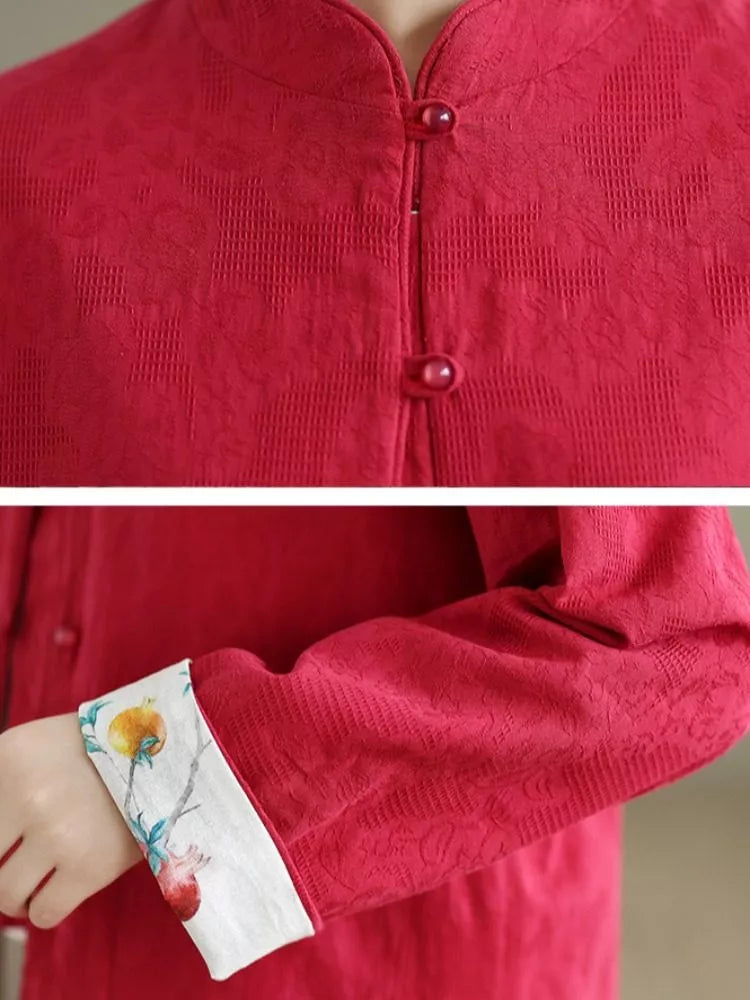 Women's Reversible New Chinese Style Pomegranate Floral Frog Button Stand Collar Coat