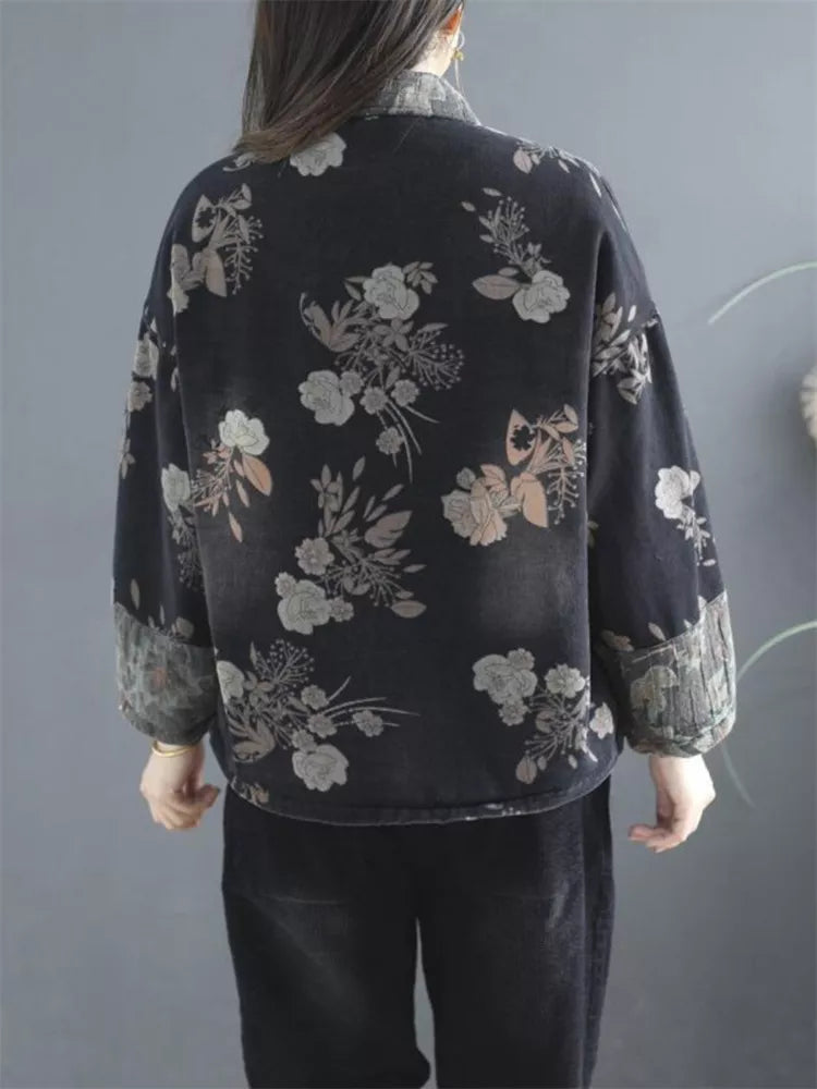 Women's Vintage Floral Print Padded Frog Button Short Jacket