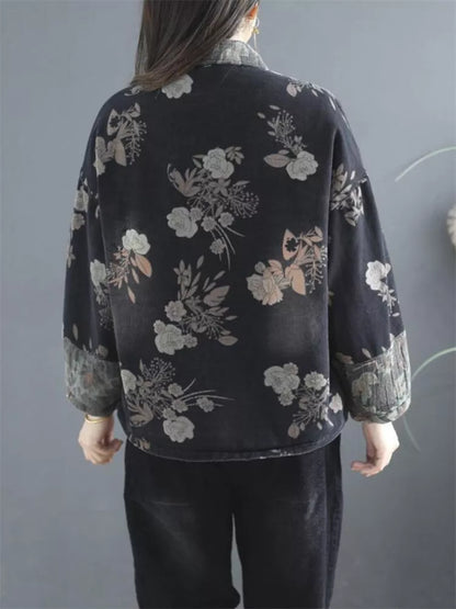 Women's Vintage Floral Print Padded Frog Button Short Jacket