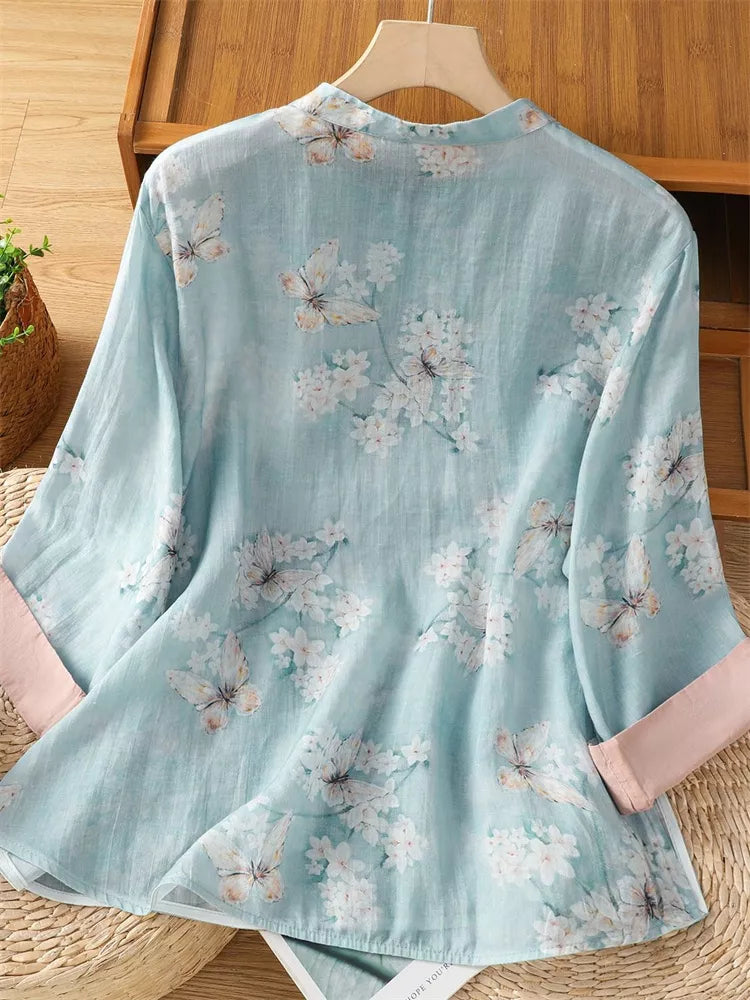 Women's New Chinese Style Lake Blue Ramie Linen Blouse Floral Butterfly Print Diagonal Placket Zen Tea Shirt