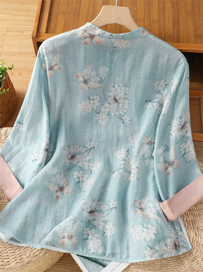 Women's New Chinese Style Lake Blue Ramie Linen Blouse Floral Butterfly Print Diagonal Placket Zen Tea Shirt