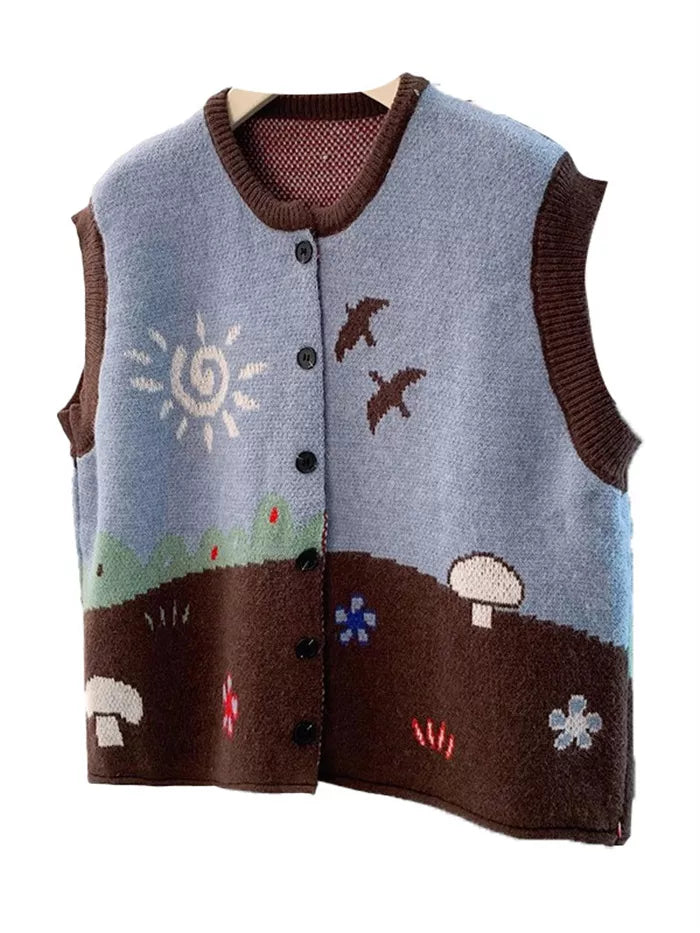 Women's Artistic Landscape Jacquard Knit Vest  Vintage Sun & Bird Pattern Button Down Waistcoat
