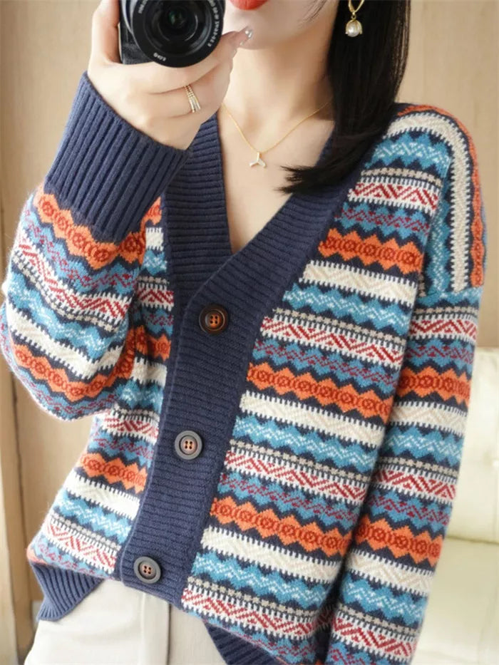 Women's Korean Style Oversized Geometric Striped Cardigan Thick Cashmere Blend V-Neck Knit Sweater Coat