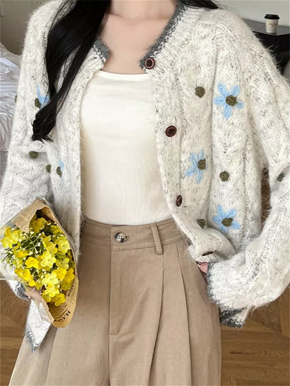 Women's Cream Cable Knit Cardigan with Blue Floral Embroidery