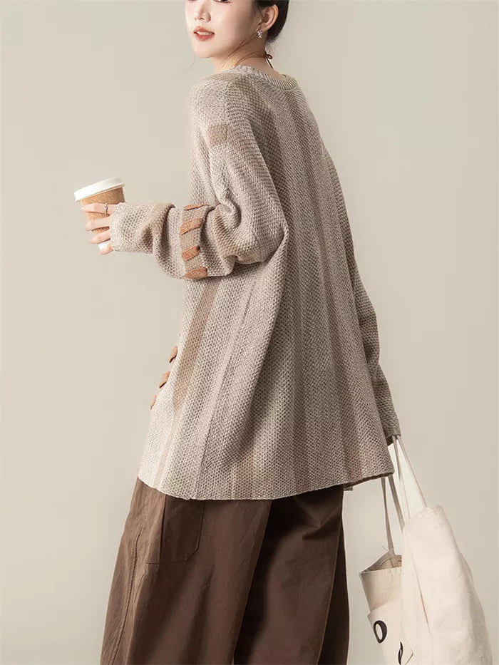 Women's Light Coffee Striped Knit Sweater Artistic Spliced Pullover