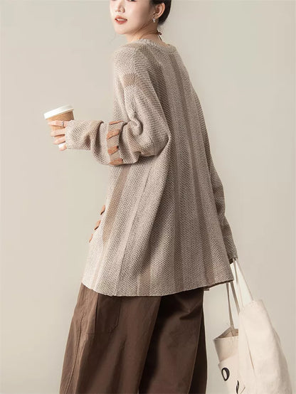 Women's Light Coffee Striped Knit Sweater Artistic Spliced Pullover